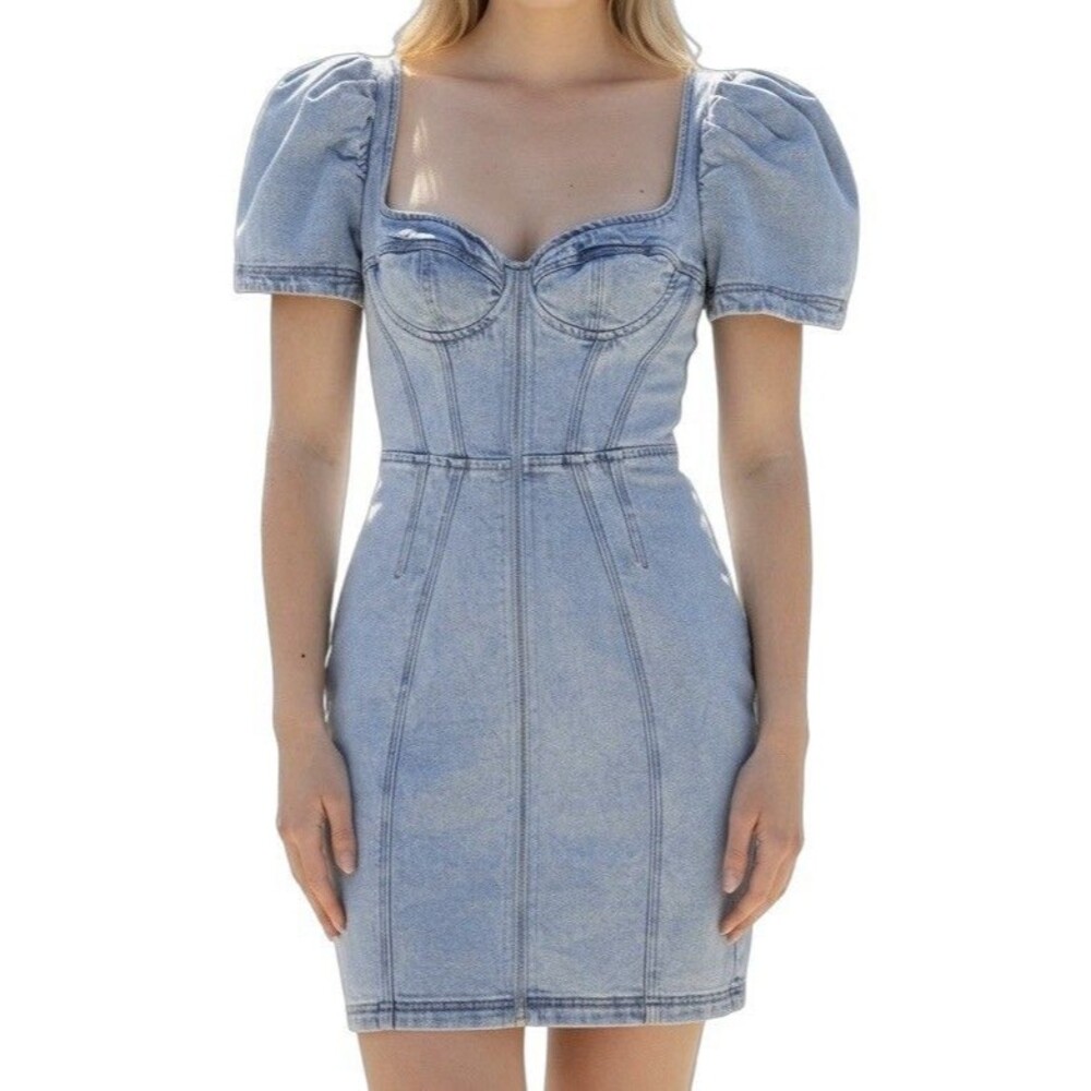 House of CB London L'Opera Pale Denim Corset Dress Blue Light Wash Mini Size XS